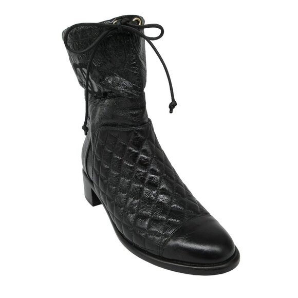 Chanel Black Matelasse Quilted Patent Leather Cap Toe Block Heel Mid Calf Boots - Picture 1 of 8